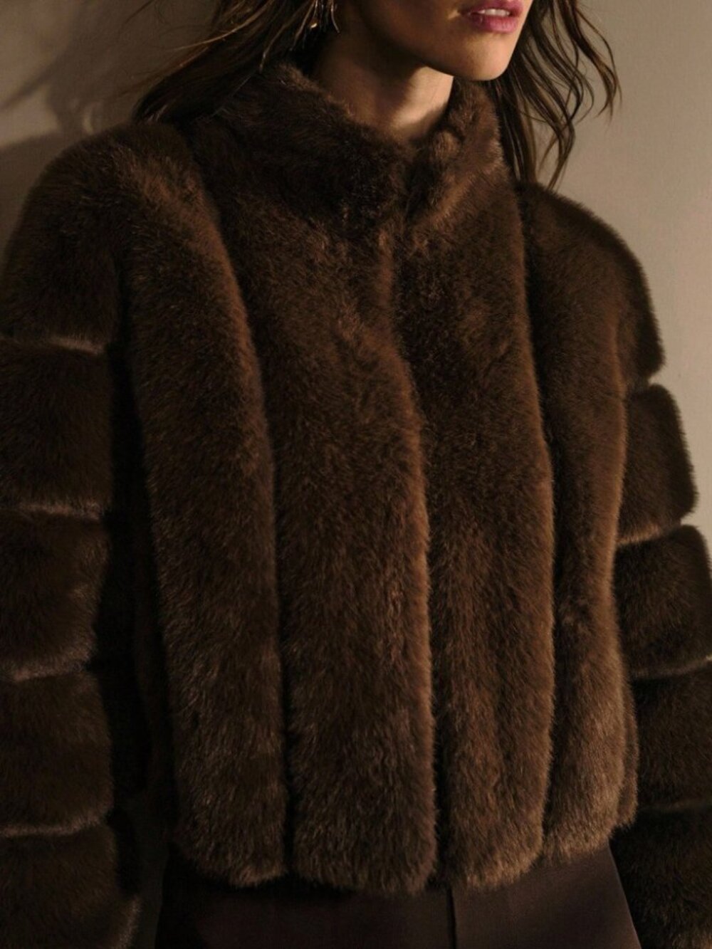Brown Faux Fur Collared Long Sleeve Short Teddy Jacket
